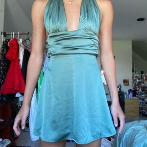 Sage green deep V flowy satin dress